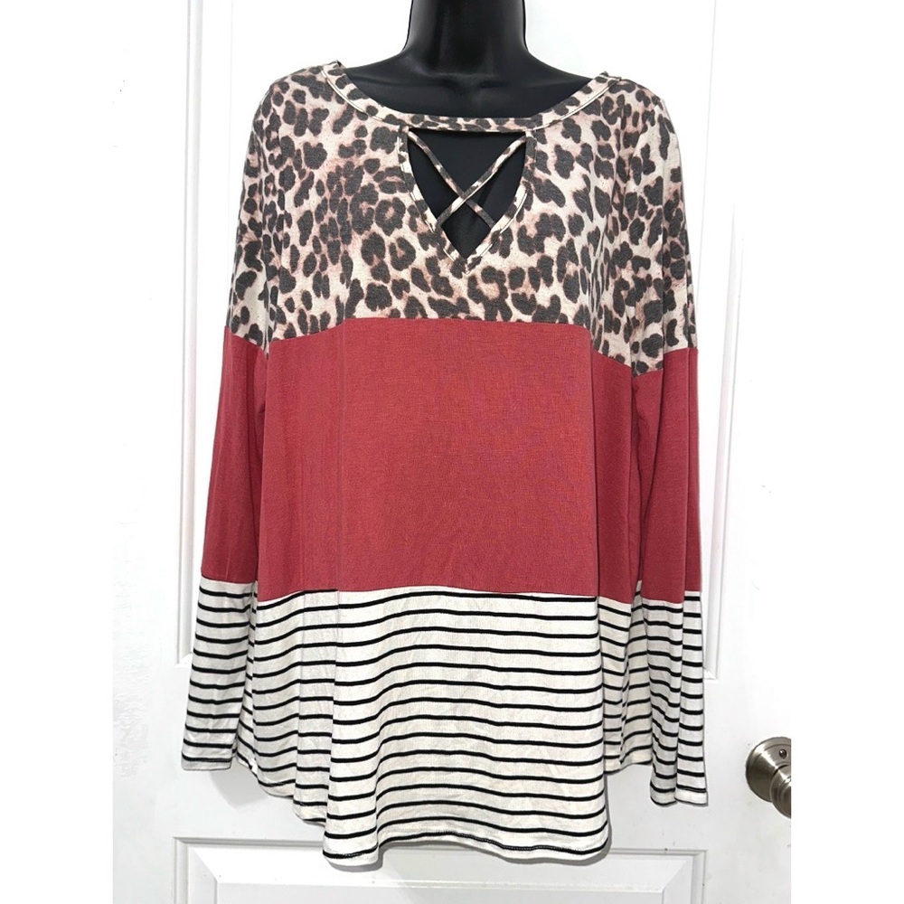 Lovely Melody Long-Sleeve Mauve & Leopard Print & Striped Top